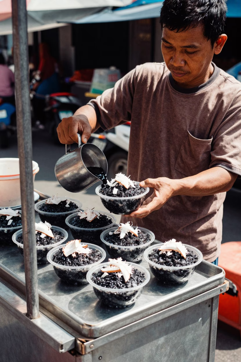 Street Vendor Serving Bubur Ketan Hitam Coconut Rice Porridge in Surabaya Indonesia in in Surabaya, Indonesia