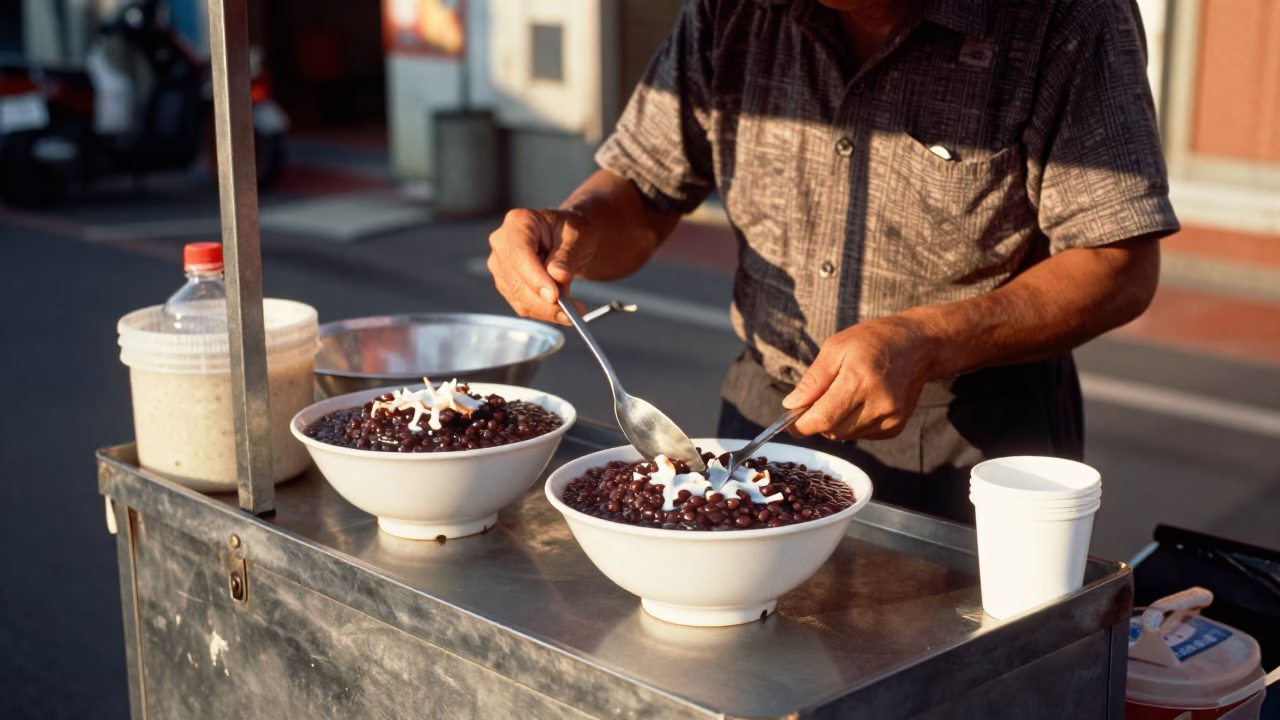 Street Vendor Serving Bubur Ketan Hitam in Tainan Taiwan Late Afternoon in in Tainan, Taiwan
