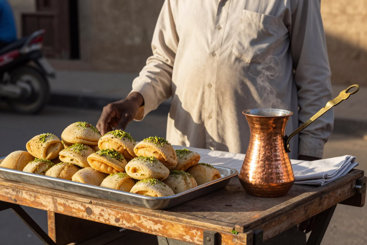 Street Vendor Serving Cardamom Mandazi and Copper Coffee in Luxor Late Morning in in Luxor, Egypt