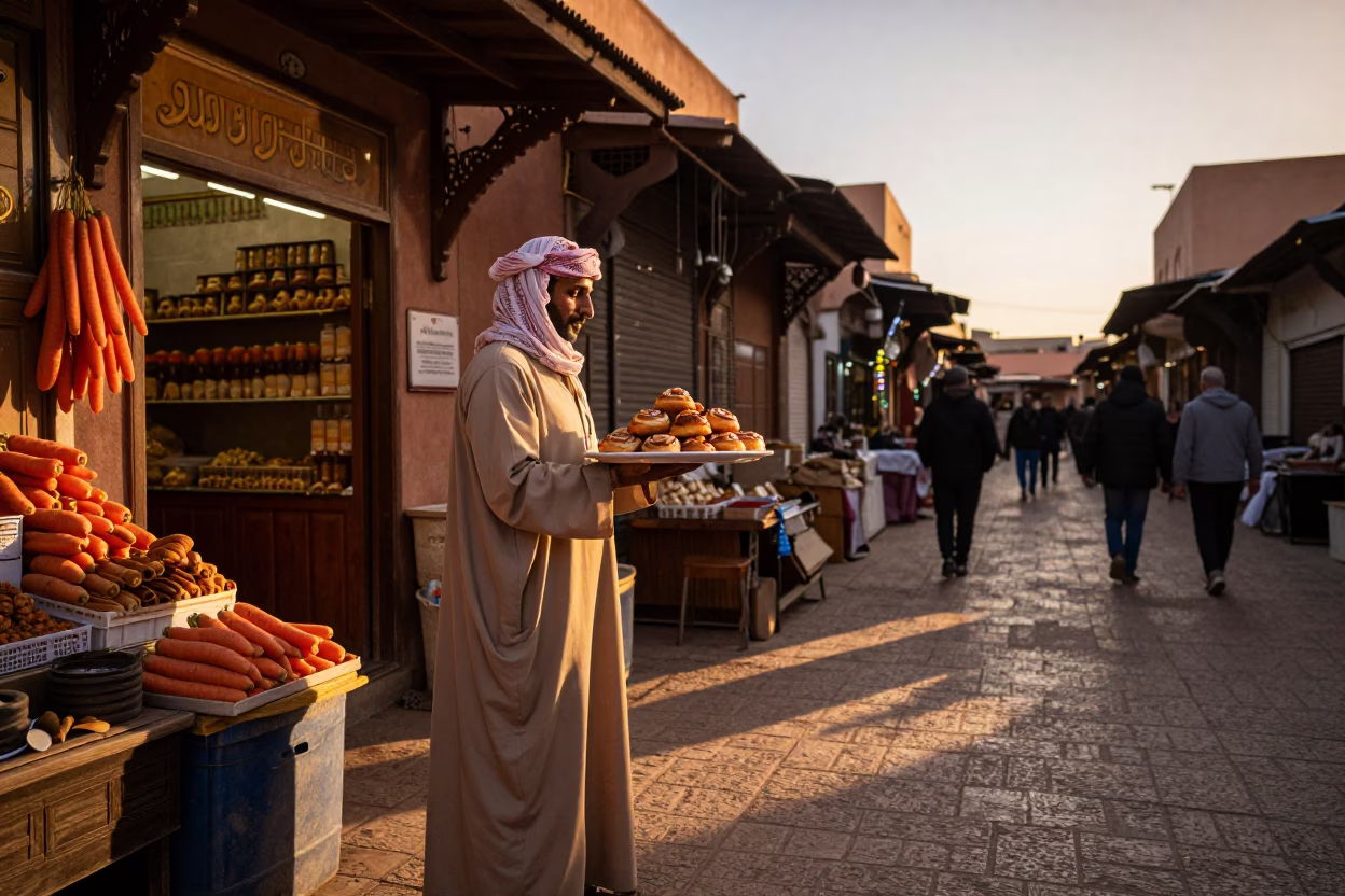 Street Vendor Serving Carrots and Cinnamon Rolls in Marrakech Morocco Evening Light in in Marrakech, Morocco