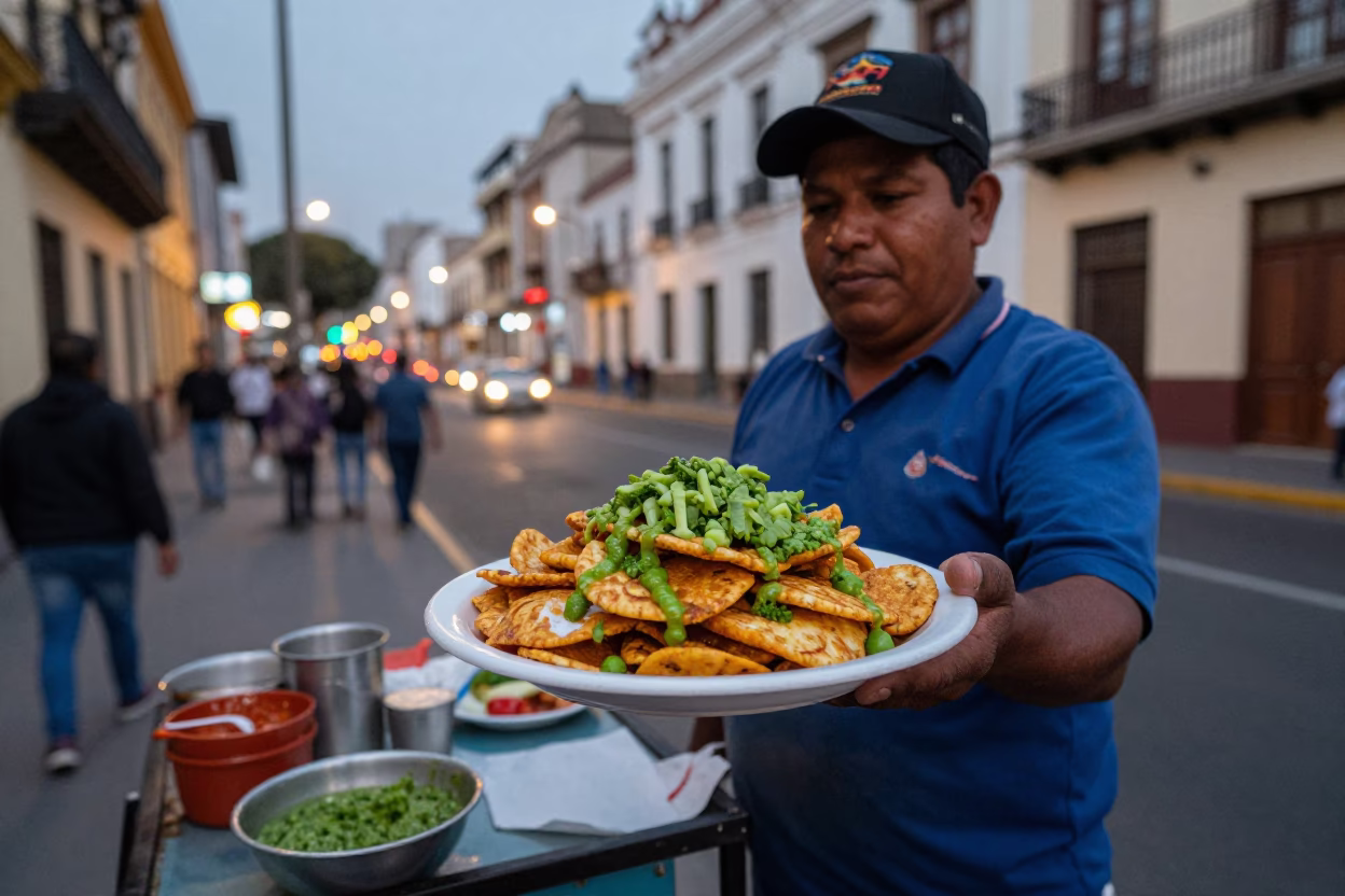 Street Vendor Serving Chilaquiles with Salsa Verde in Lima Peru at Dusk in in Lima, Peru