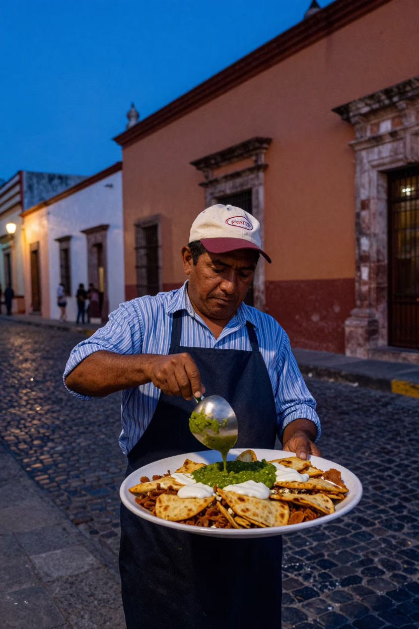 Street Vendor Serving Chilaquiles with Salsa Verde in Oaxaca at Dusk in in Oaxaca, Mexico