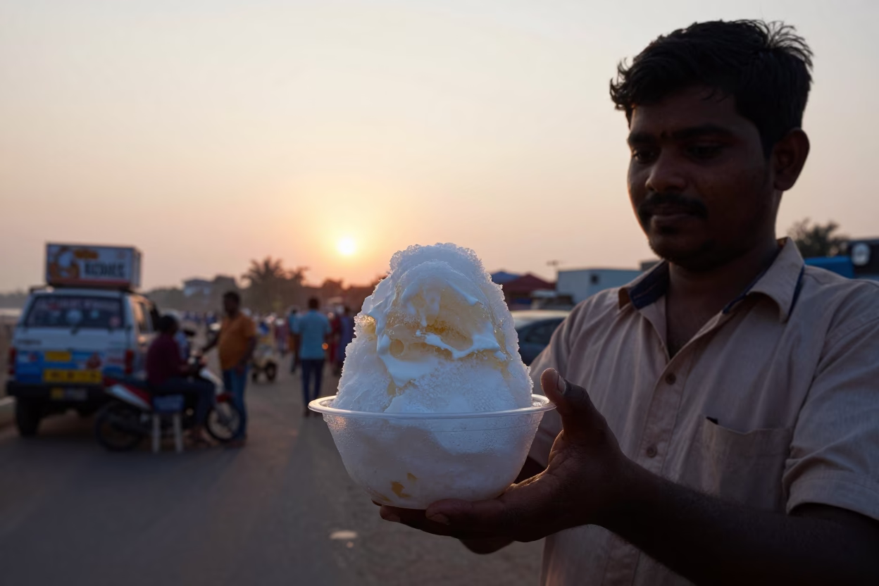 Street Vendor Serving Chilled Dessert in Chennai India at Sunset in in Chennai, India