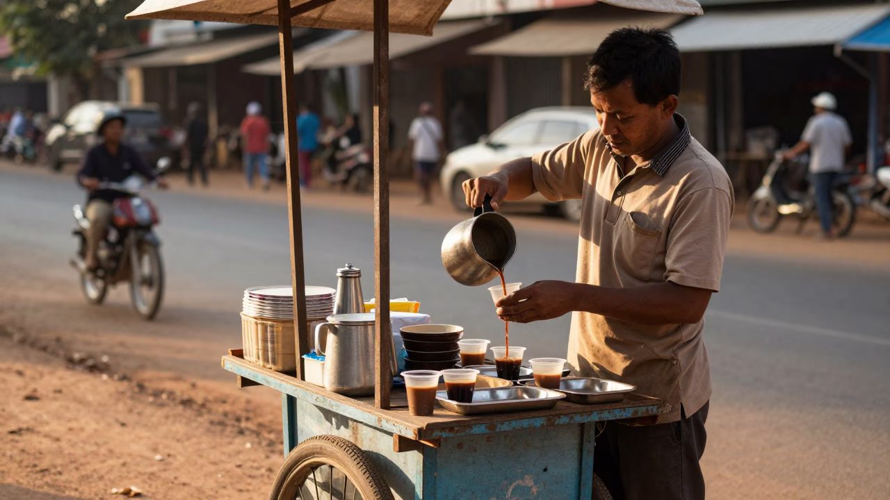 Street Vendor Serving Coffee and Snacks in Phnom Penh Cambodia Late Afternoon Light in in Phnom Penh, Cambodia