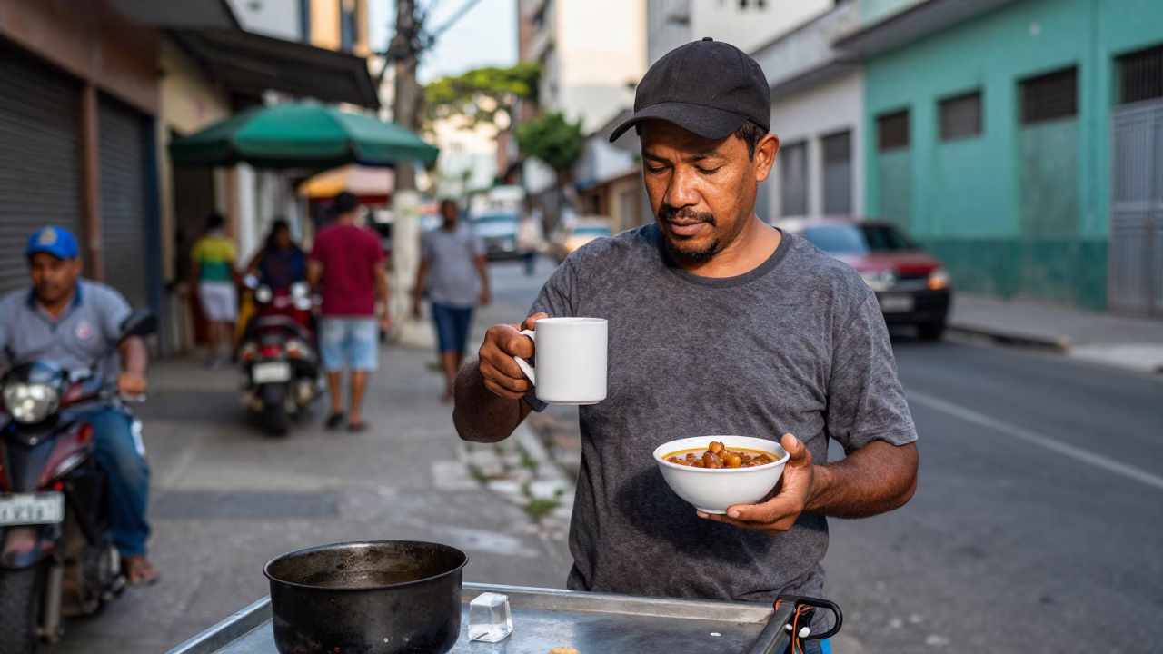Street Vendor Serving Coffee and Stew on São Paulo Sidewalk in Late Afternoon in in São Paulo, Brazil
