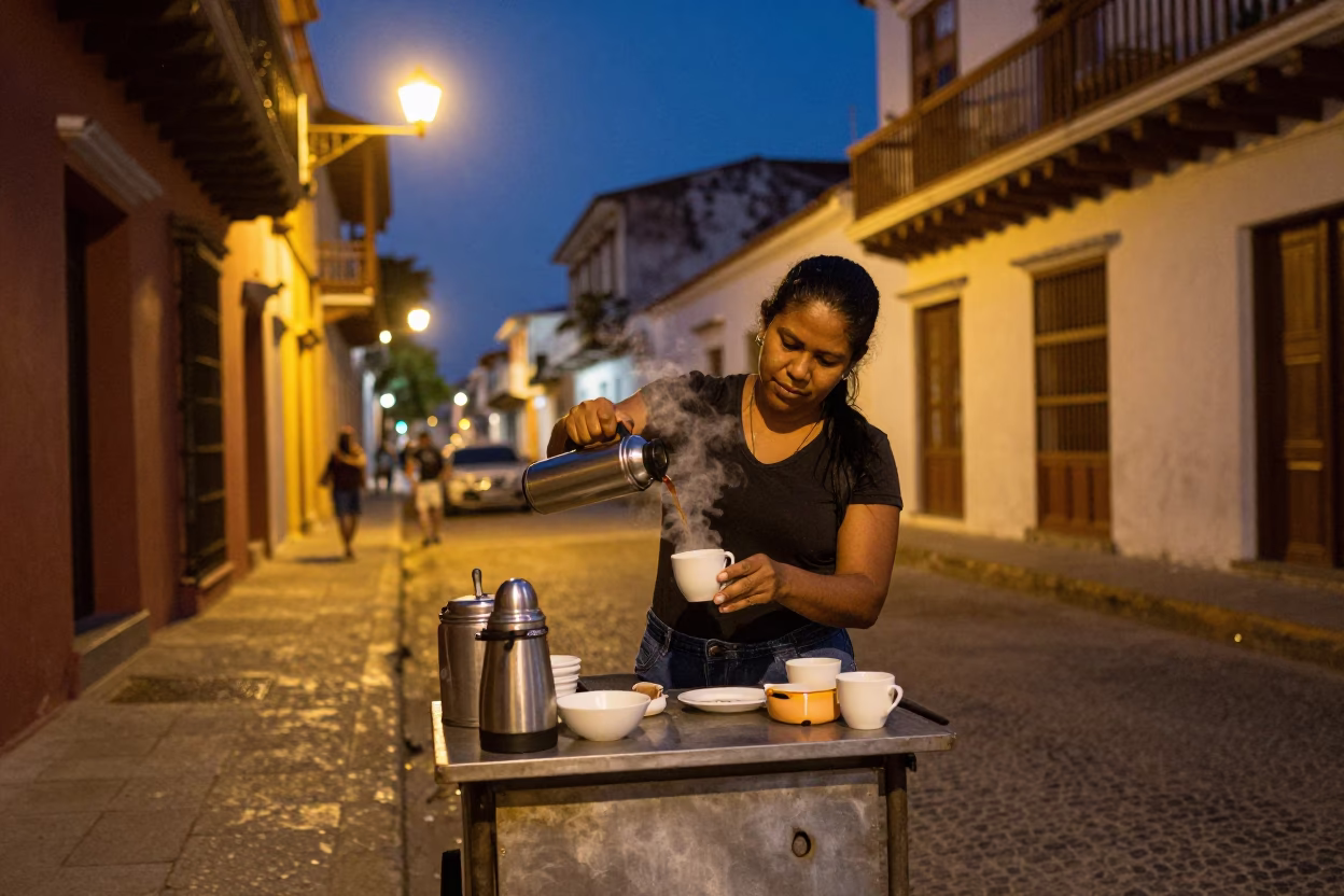 Street Vendor Serving Coffee Under Streetlights in Cartagena Colombia in in Cartagena, Colombia