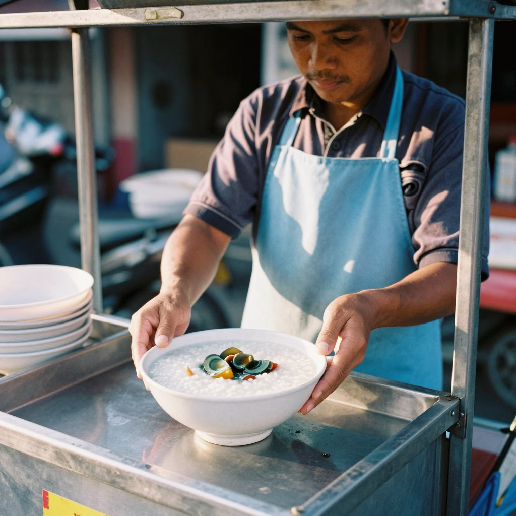 Street Vendor Serving Congee with Century Egg in Busy Denpasar Market Late Morning in in Denpasar, Indonesia
