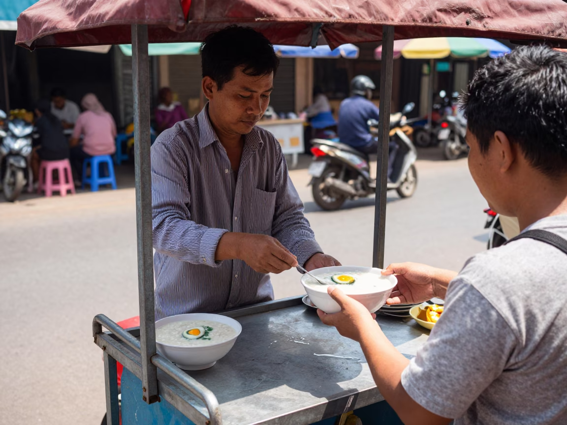 Street Vendor Serving Congee with Century Egg in Phnom Penh Under Noon Sun in in Phnom Penh, Cambodia