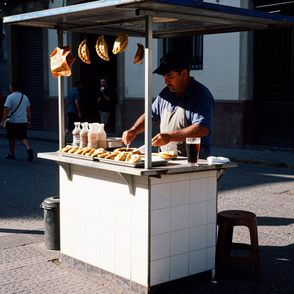 Street Vendor Serving Empanadas and Soda in Buenos Aires Late Morning Sunlight in in Buenos Aires, Argentina