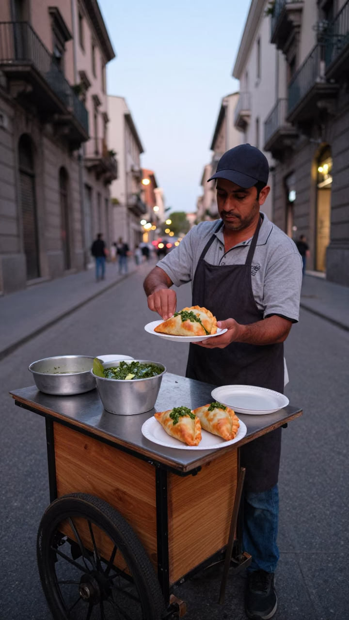 Street vendor serving empanadas with chimichurri in Palermo Italy evening in in Palermo, Italy