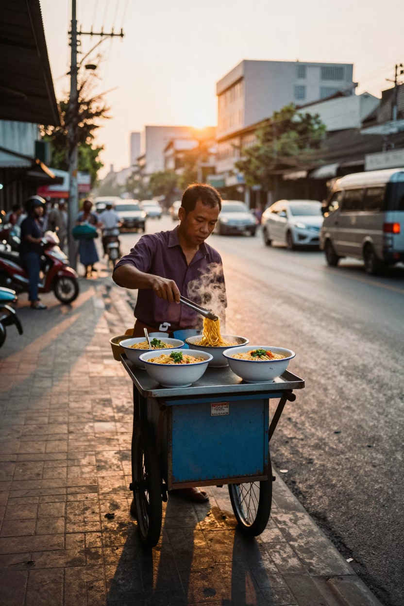 Street Vendor Serving Enamel Bowls of Hot Noodles in Bangkok at Sunset in in Bangkok, Thailand