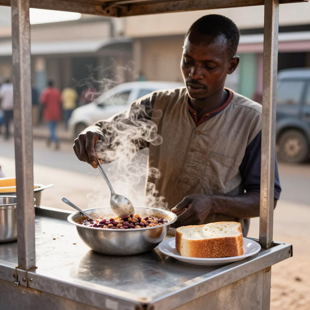Street Vendor Serving Fasolia Bean Stew with Bread in Nairobi Kenya Late Morning in in Nairobi, Kenya