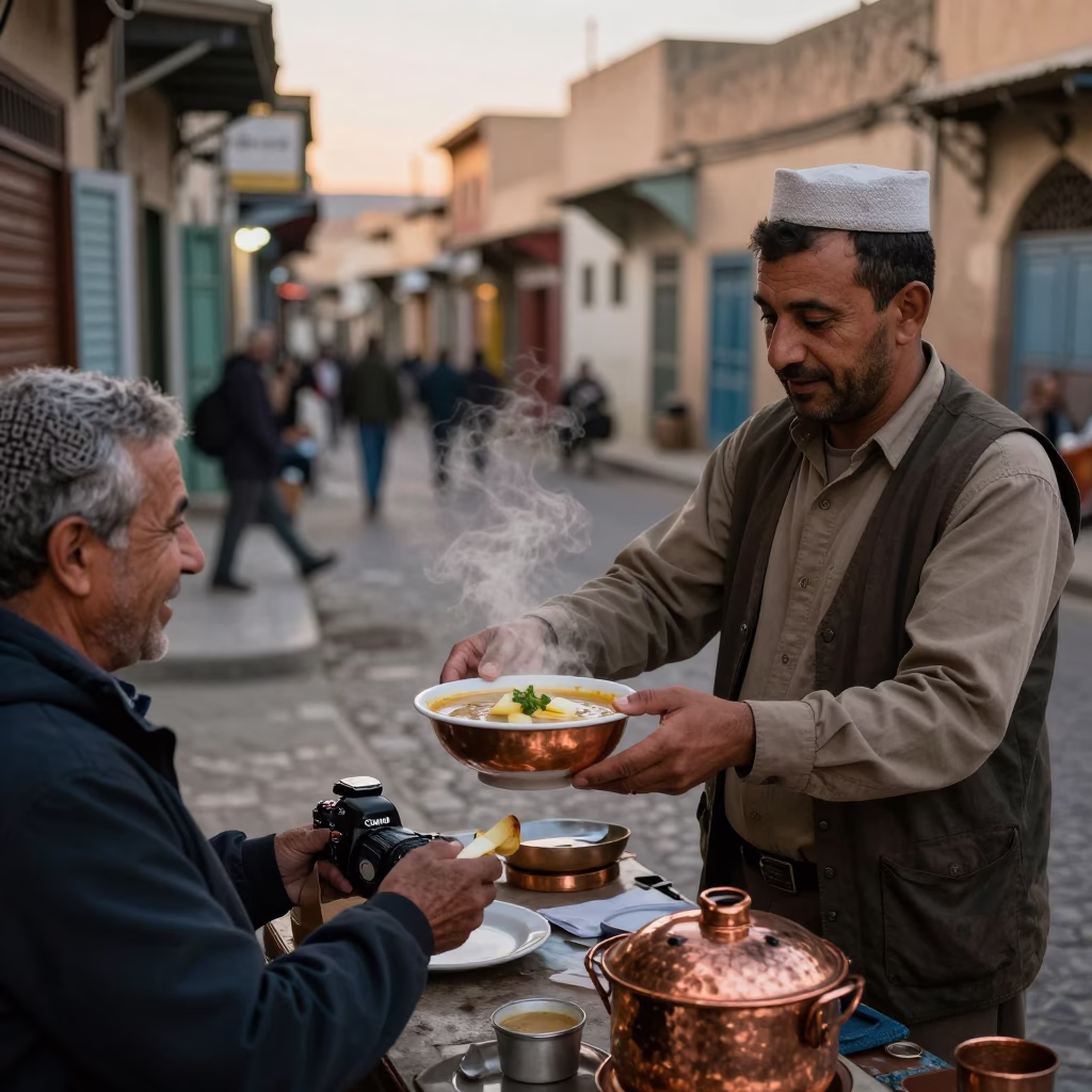 Street Vendor Serving French Onion Soup in Fez Morocco Before Dusk in in Fez, Morocco