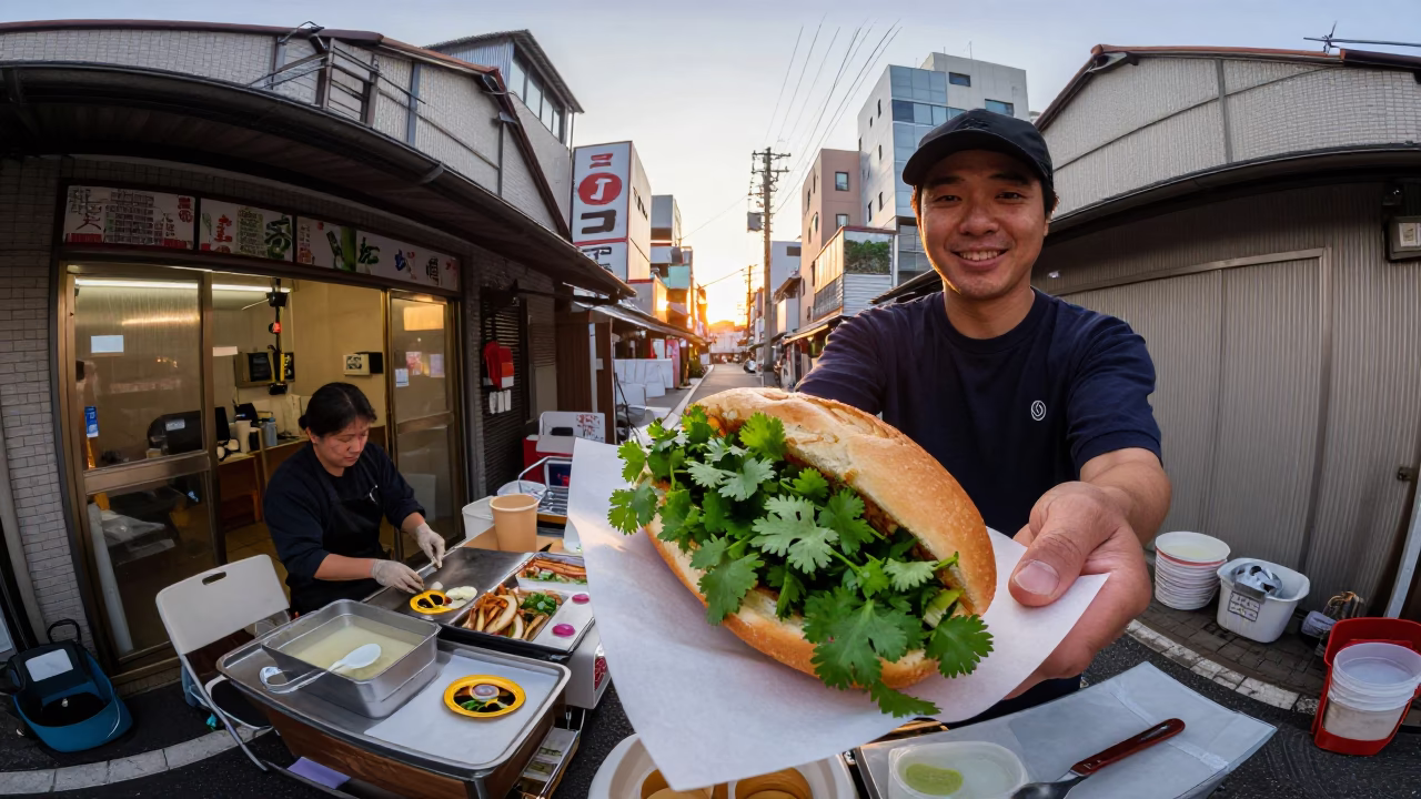 Street Vendor Serving Fresh Banh Mi with Cilantro in Tokyo Japan at Sunset in in Tokyo, Japan