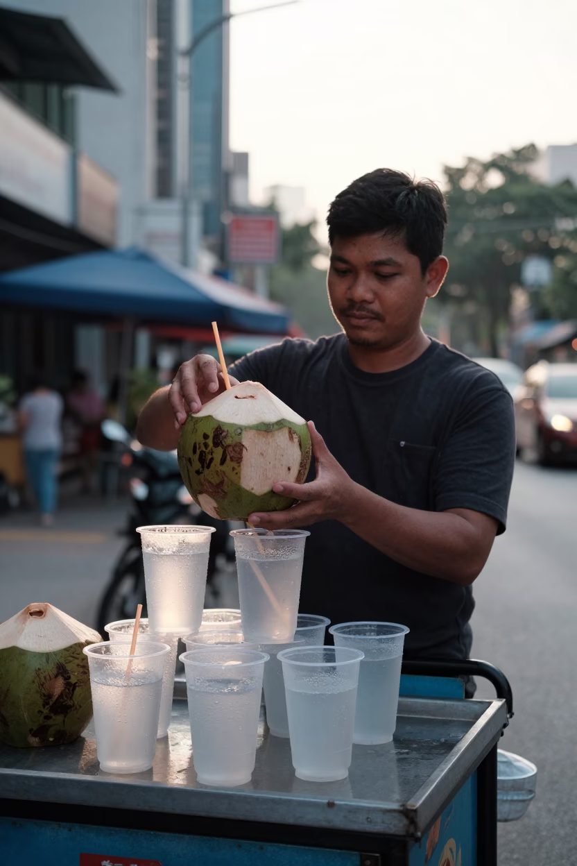 Street vendor serving fresh coconut water in Kuala Lumpur Malaysia just after sunrise in in Kuala Lumpur, Malaysia