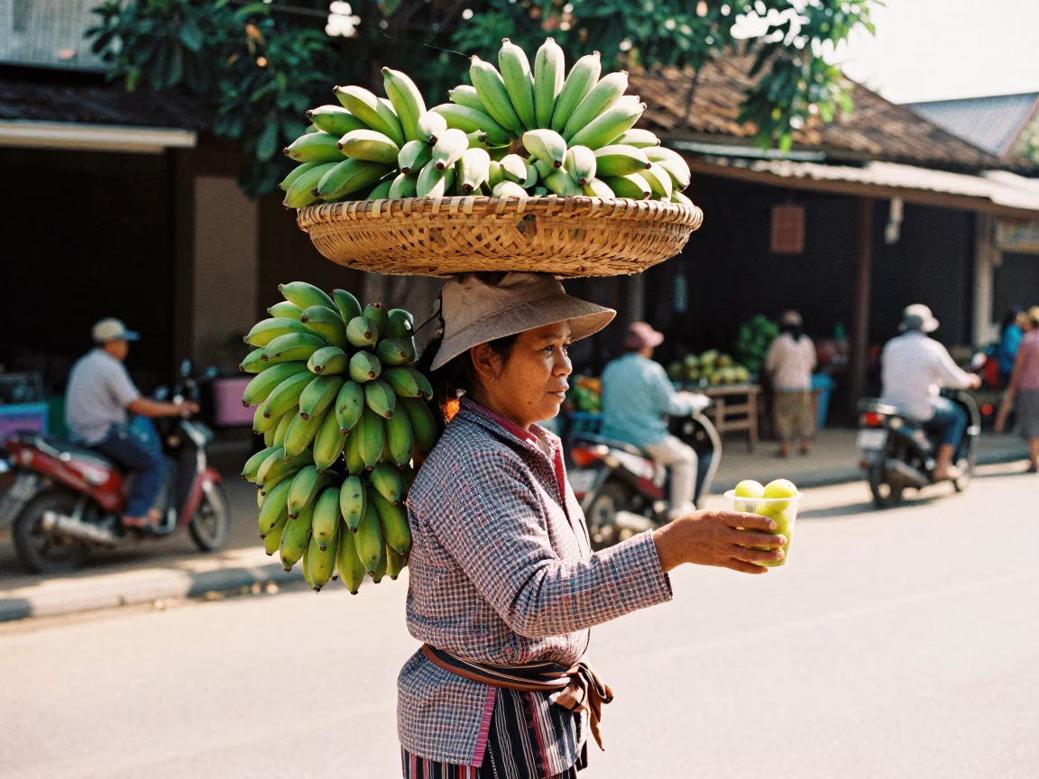 Street Vendor Serving Fresh Fruit in Luang Prabang Midmorning Light in in Luang Prabang, Laos