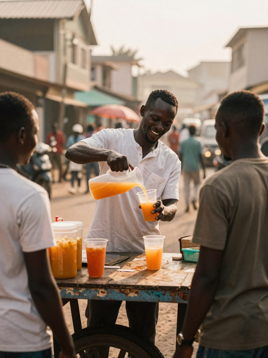Street Vendor Serving Fresh Juice in Accra Ghana Just After Sunrise in in Accra, Ghana