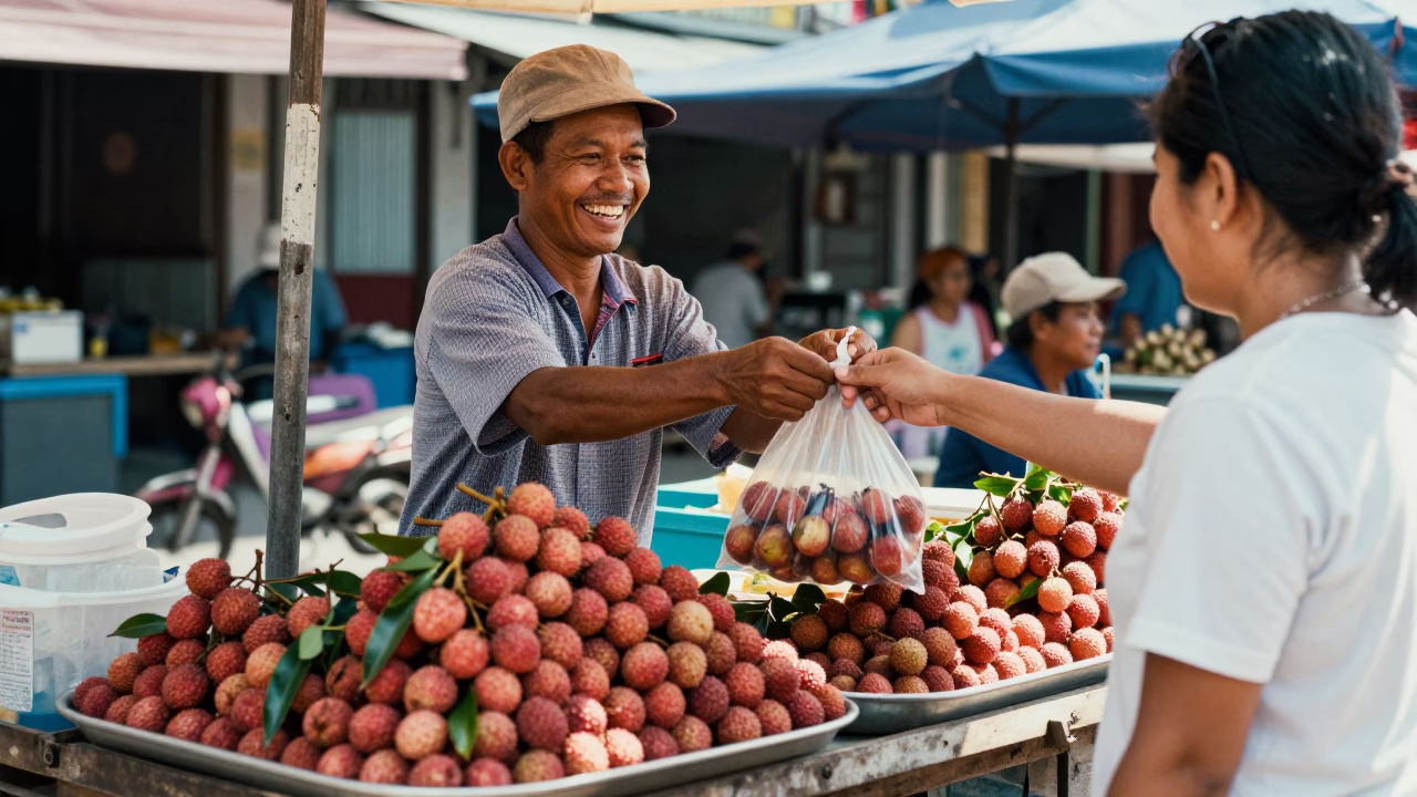 Street Vendor Serving Fresh Lychees in Phuket Market Under Bright Noon Sun in in Phuket, Thailand