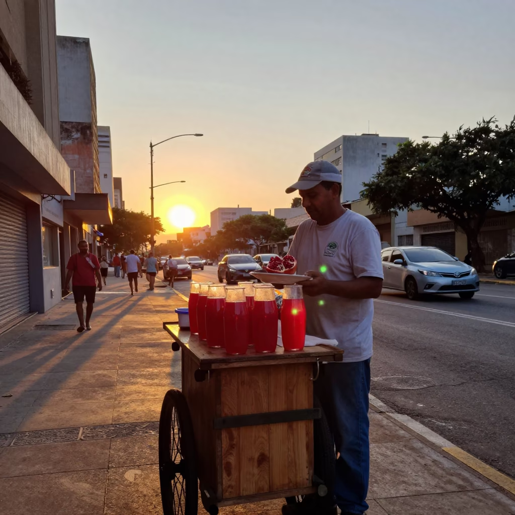 Street vendor serving fresh pomegranate juice on São Paulo sidewalk at sunset in in São Paulo, Brazil