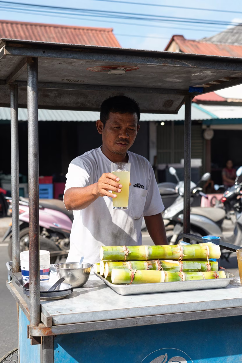 Street Vendor Serving Fresh Sugarcane Juice in Denpasar Indonesia Under Noon Sun in in Denpasar, Indonesia