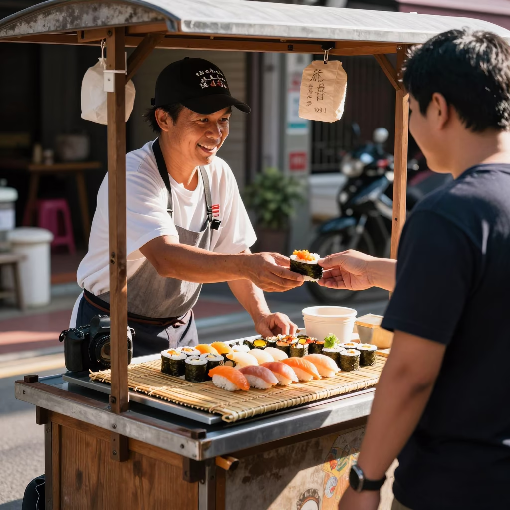 Street vendor serving fresh sushi in Tainan Taiwan late morning sunlight in in Tainan, Taiwan
