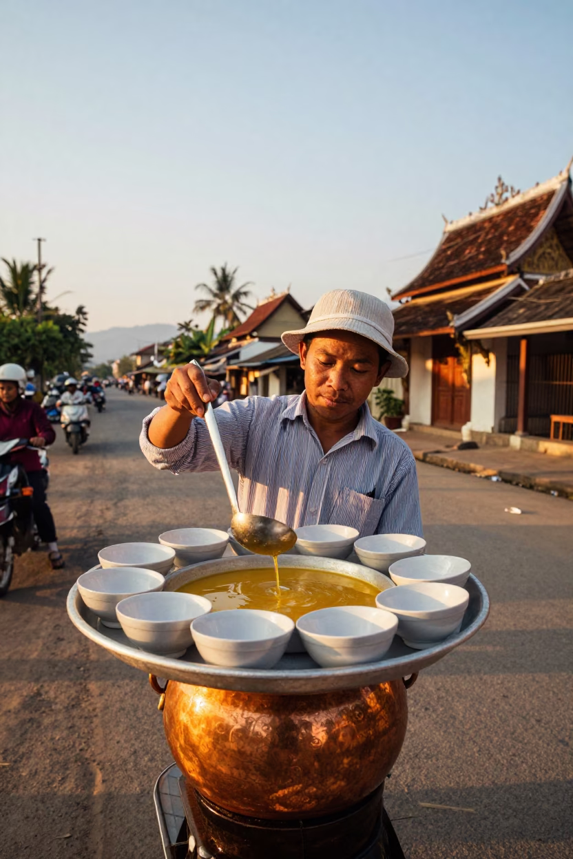 Street Vendor Serving Golden Soup from Copper Pots in Luang Prabang Laos at Sunset in in Luang Prabang, Laos