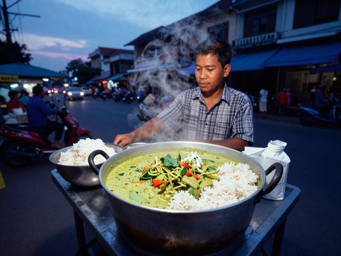 Street Vendor Serving Green Curry and Jasmine Rice in Phnom Penh During Indigo Twilight in in Phnom Penh, Cambodia