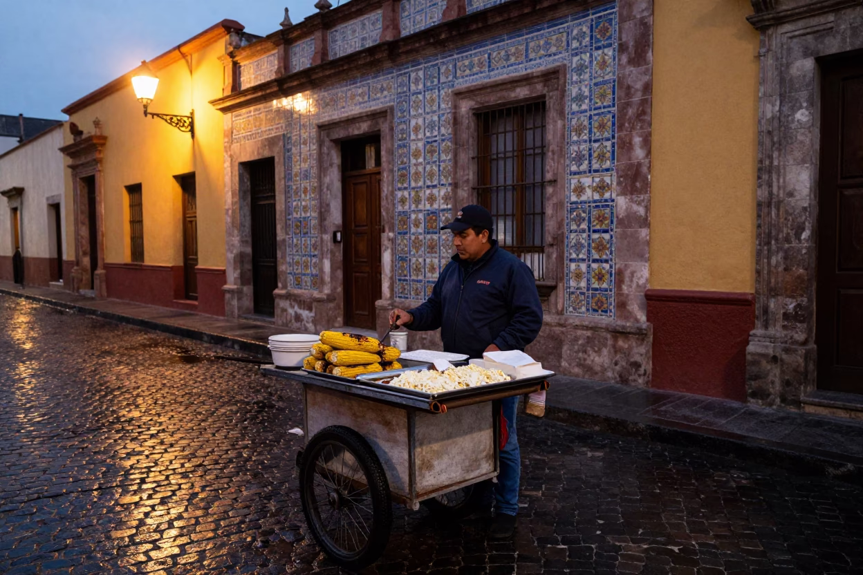 Street vendor serving grilled corn with cheese in Oaxaca at twilight in in Oaxaca, Mexico