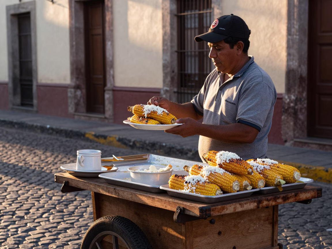 Street Vendor Serving Grilled Corn with Cotija Cheese in Oaxaca Evening Light in in Oaxaca, Mexico
