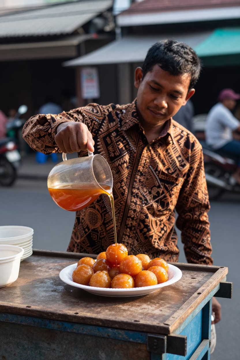 Street Vendor Serving Gulab Jamun Syrup in Yogyakarta Late Morning in in Yogyakarta, Indonesia