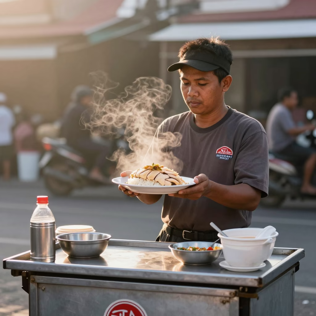 Street Vendor Serving Hainanese Chicken Rice in Denpasar Indonesia Morning Light in in Denpasar, Indonesia