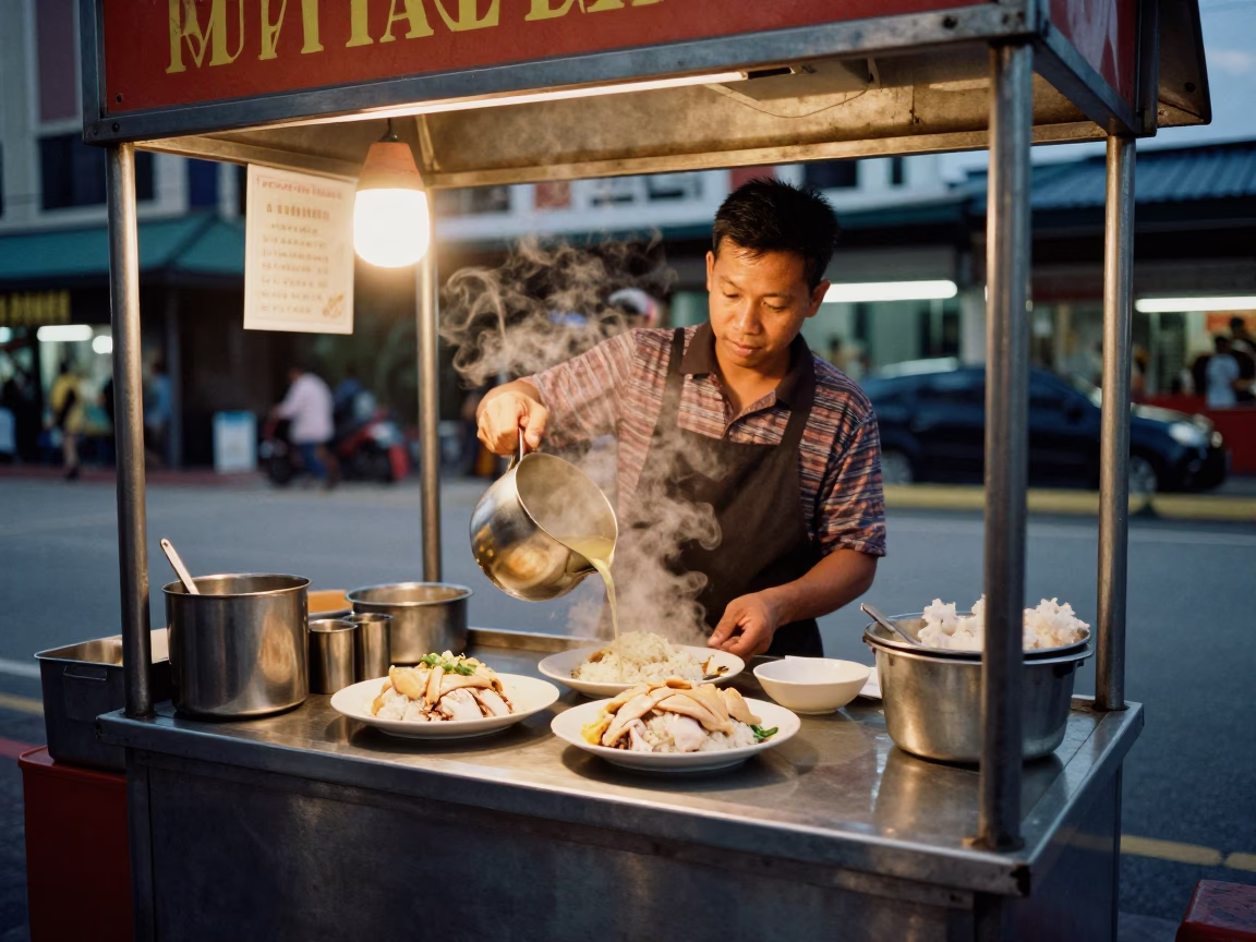 Street Vendor Serving Hainanese Chicken Rice in Kuala Lumpur Before Dusk in in Kuala Lumpur, Malaysia