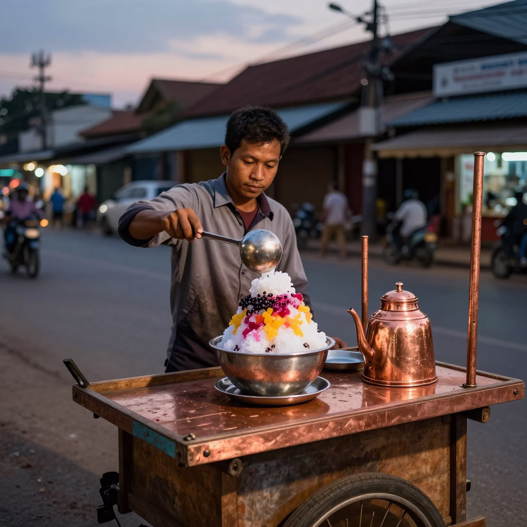 Street Vendor Serving Halo Halo in Phnom Penh Before Dusk Copper Light in in Phnom Penh, Cambodia