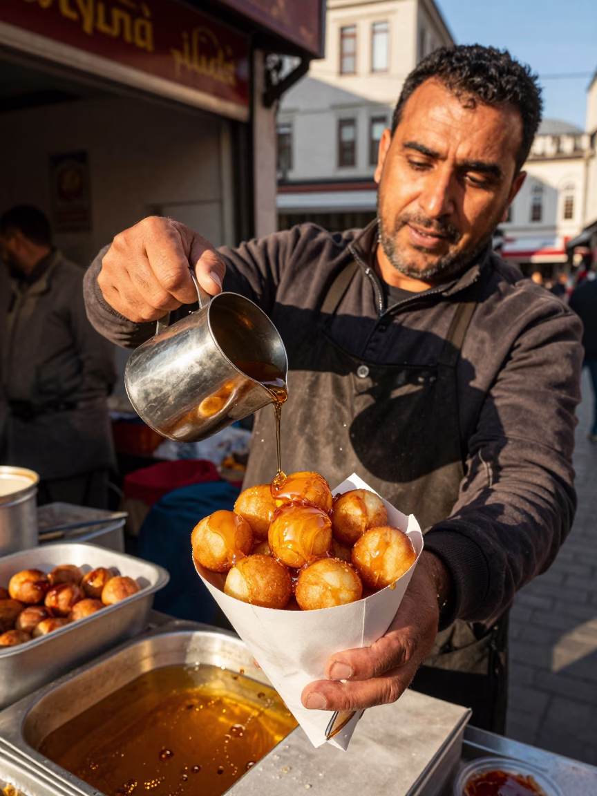 Street Vendor Serving Honey Drizzled Loukoumades in Istanbul Late Afternoon Sunlight in in Istanbul, Turkey