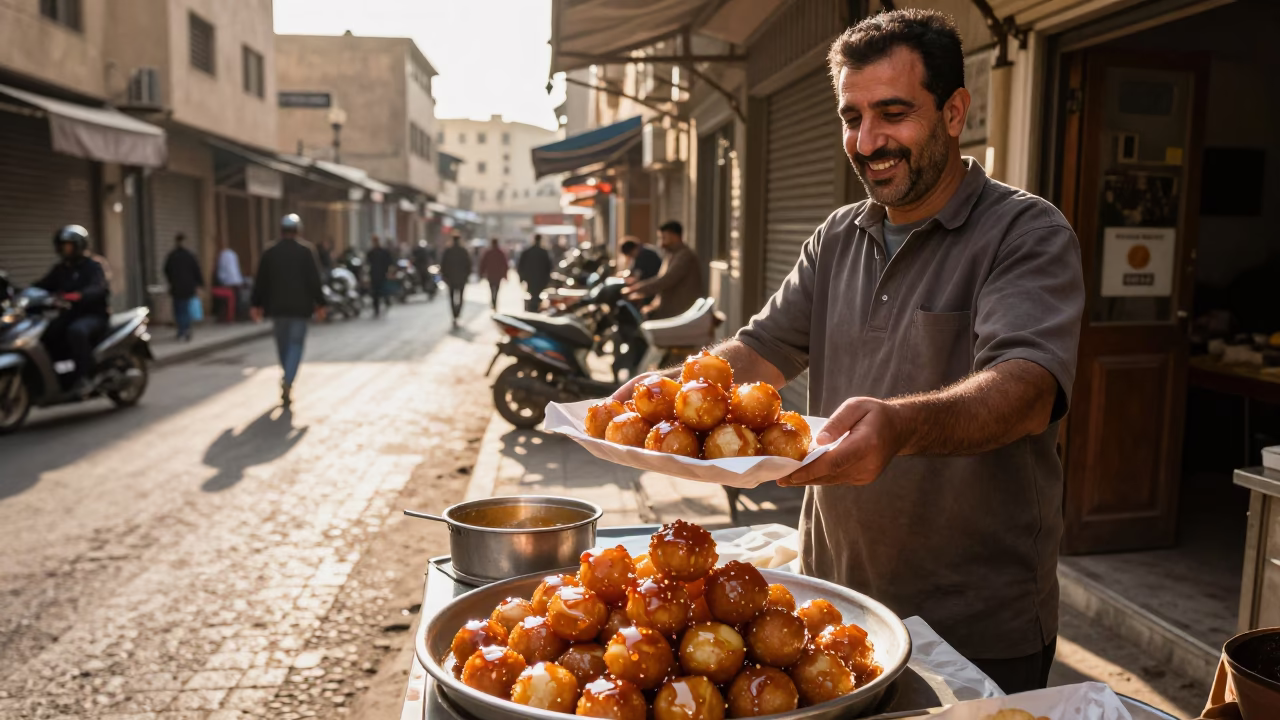 Street Vendor Serving Honey Loukoumades in Cairo Late Afternoon Sunlight in in Cairo, Egypt