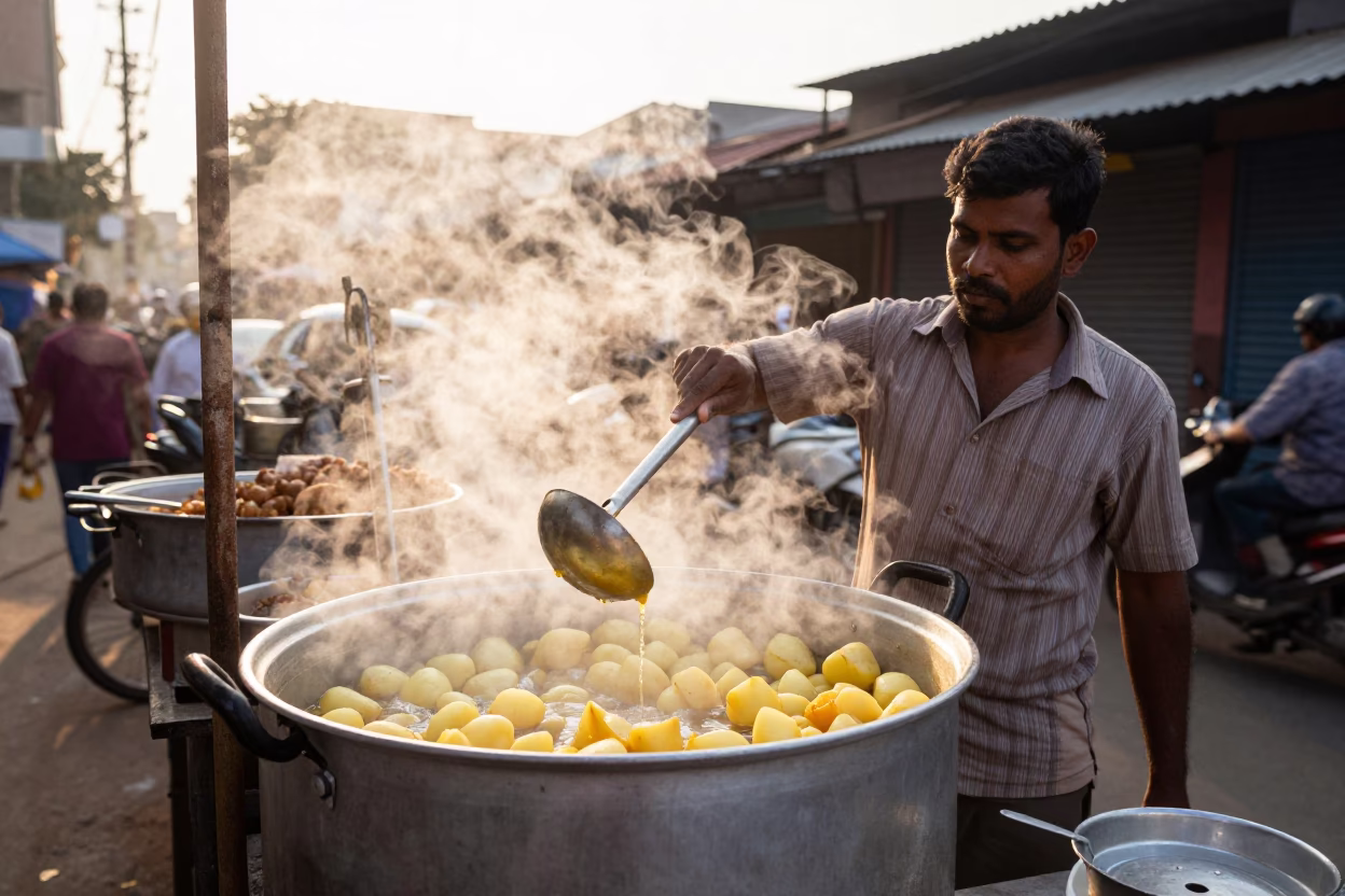 Street Vendor Serving Hot Boiled Potatoes in Chennai Late Afternoon Light in in Chennai, India