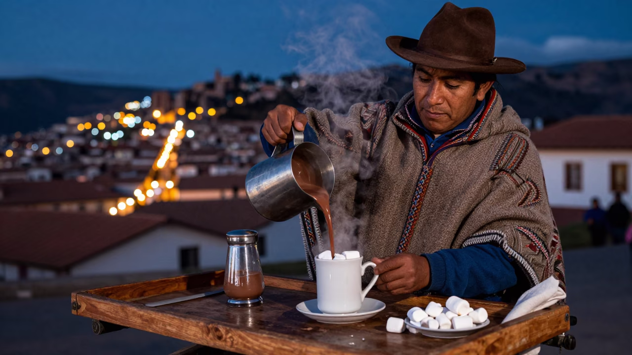 Street Vendor Serving Hot Chocolate with Marshmallows in Cusco Peru at Dusk in in Cusco, Peru