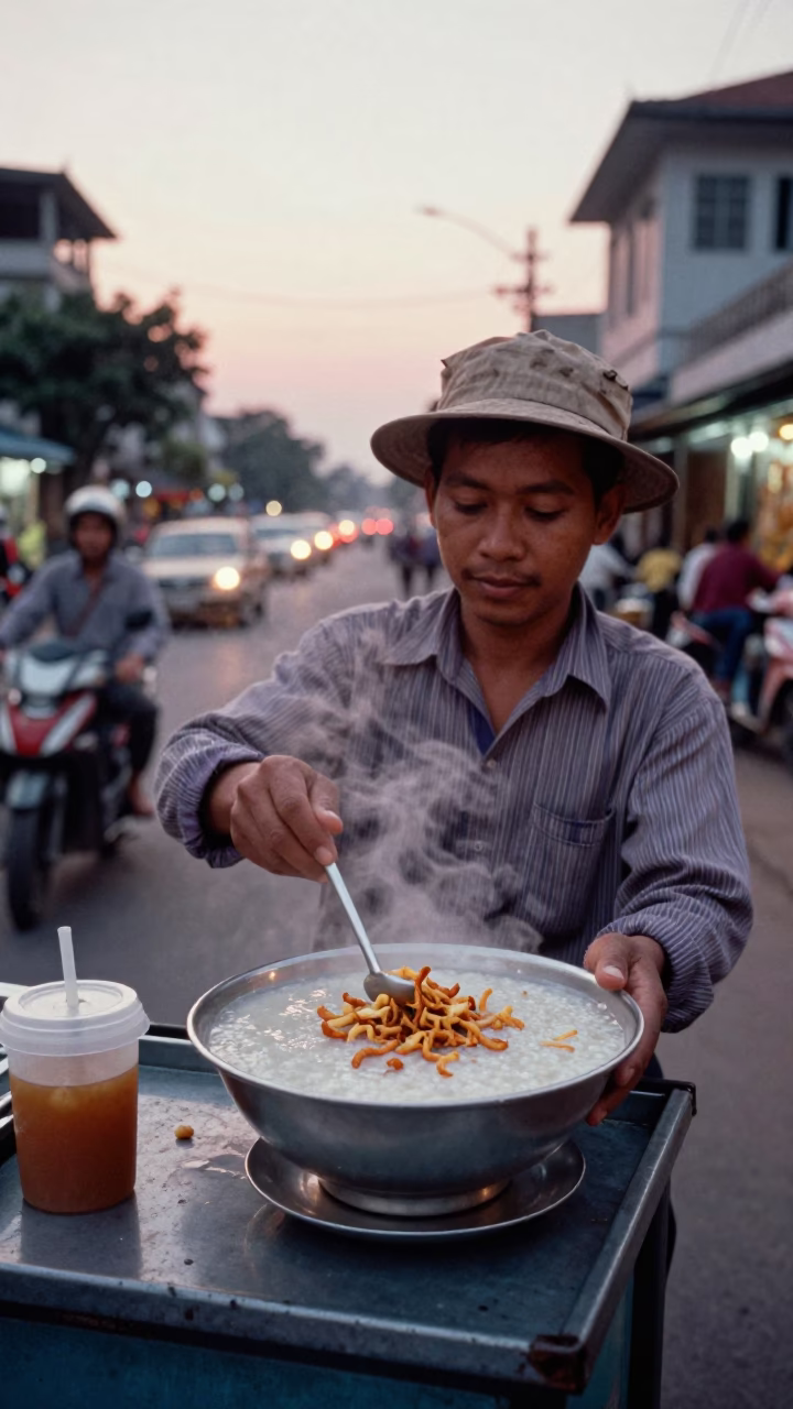 Street Vendor Serving Hot Congee with Crispy Shallots in Pre-Dawn Phnom Penh Cambodia in in Phnom Penh, Cambodia