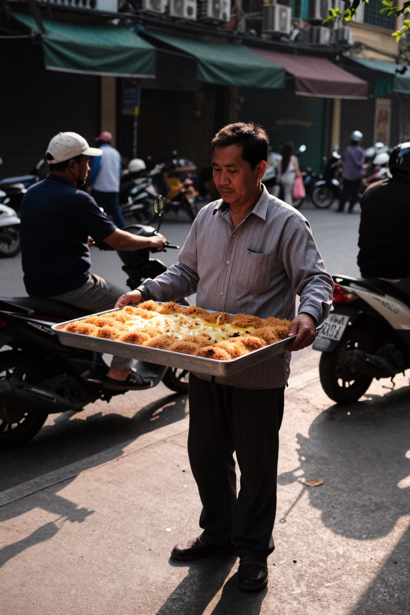 Street Vendor Serving Hot Kunafa Dessert in Hanoi Vietnam Late Afternoon Light in in Hanoi, Vietnam