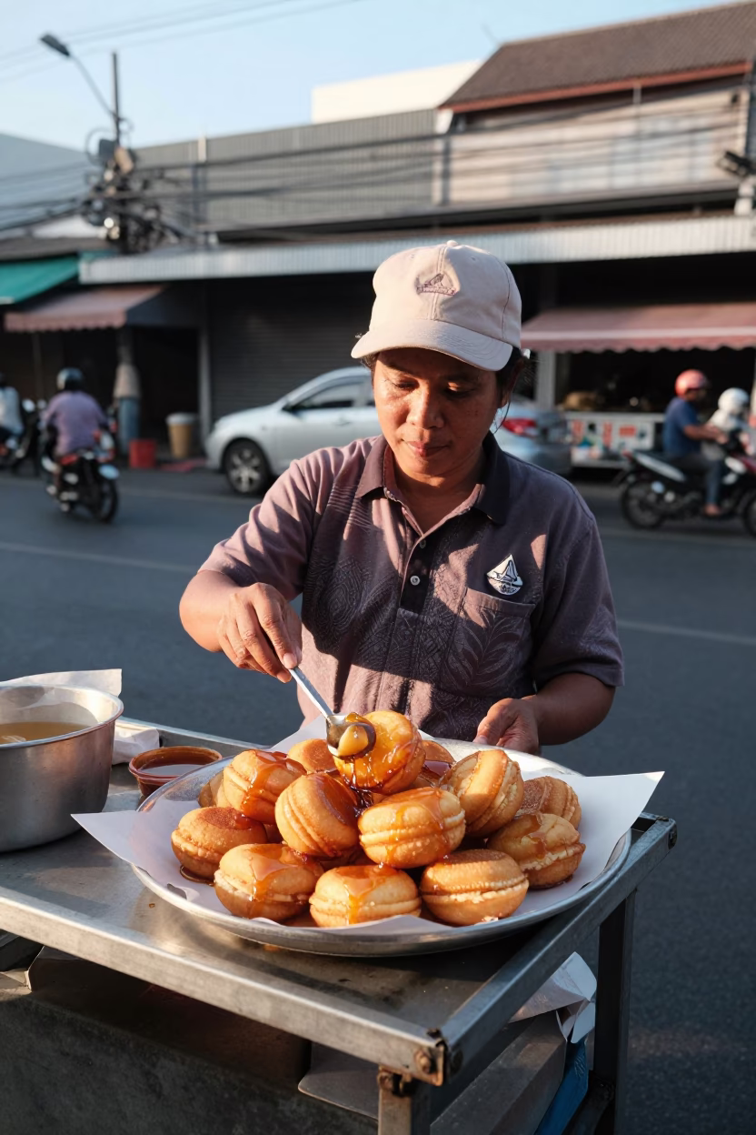 Street Vendor Serving Hot Loukoumades with Honey in Bangkok Late Morning Sunlight in in Bangkok, Thailand