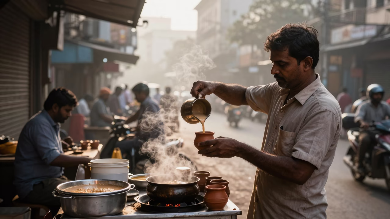 Street vendor serving hot masala chai at dawn in Mumbai India in in Mumbai, India