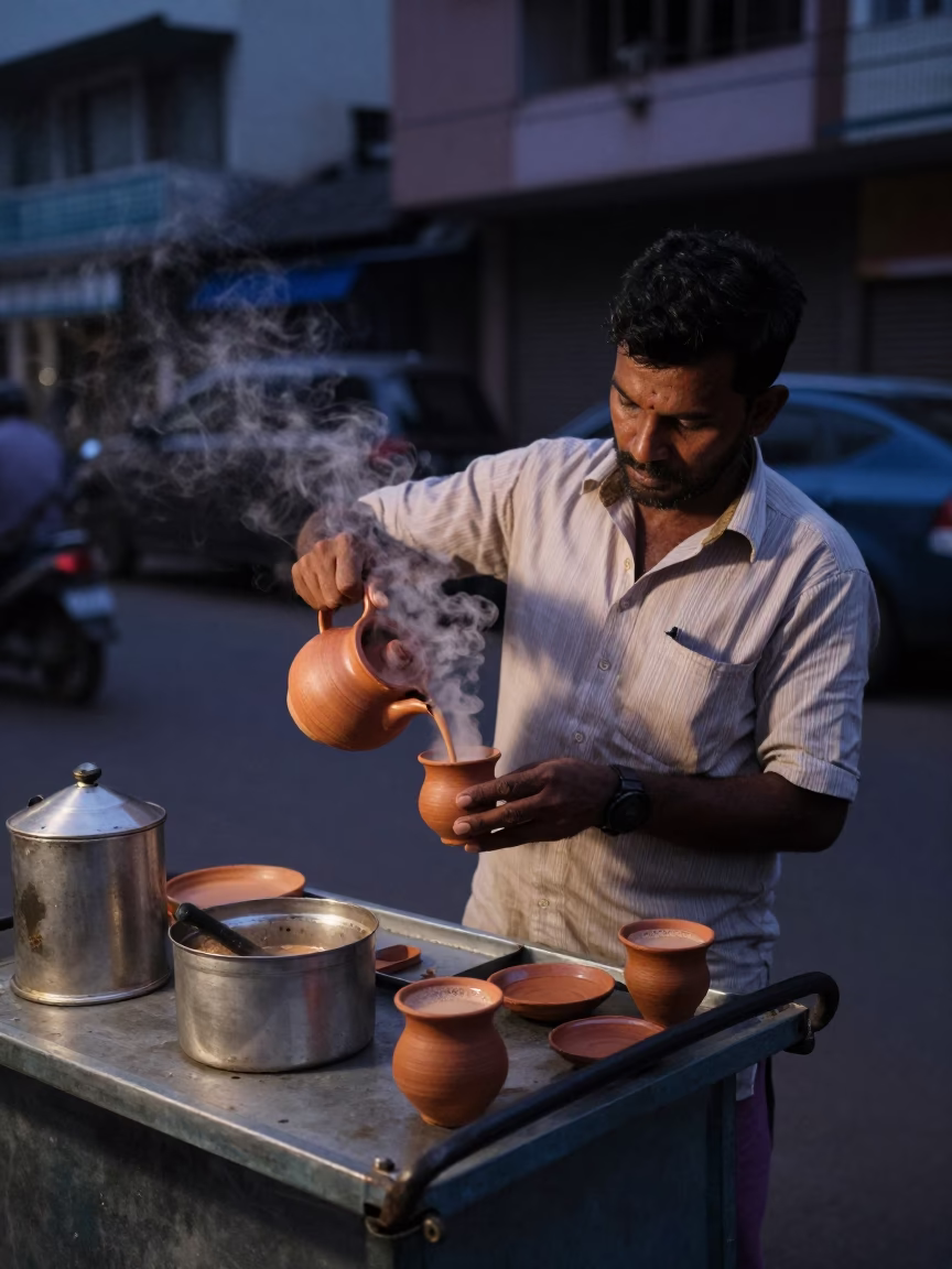 Street Vendor Serving Hot Masala Chai in Pre-Dawn Chennai India in in Chennai, India