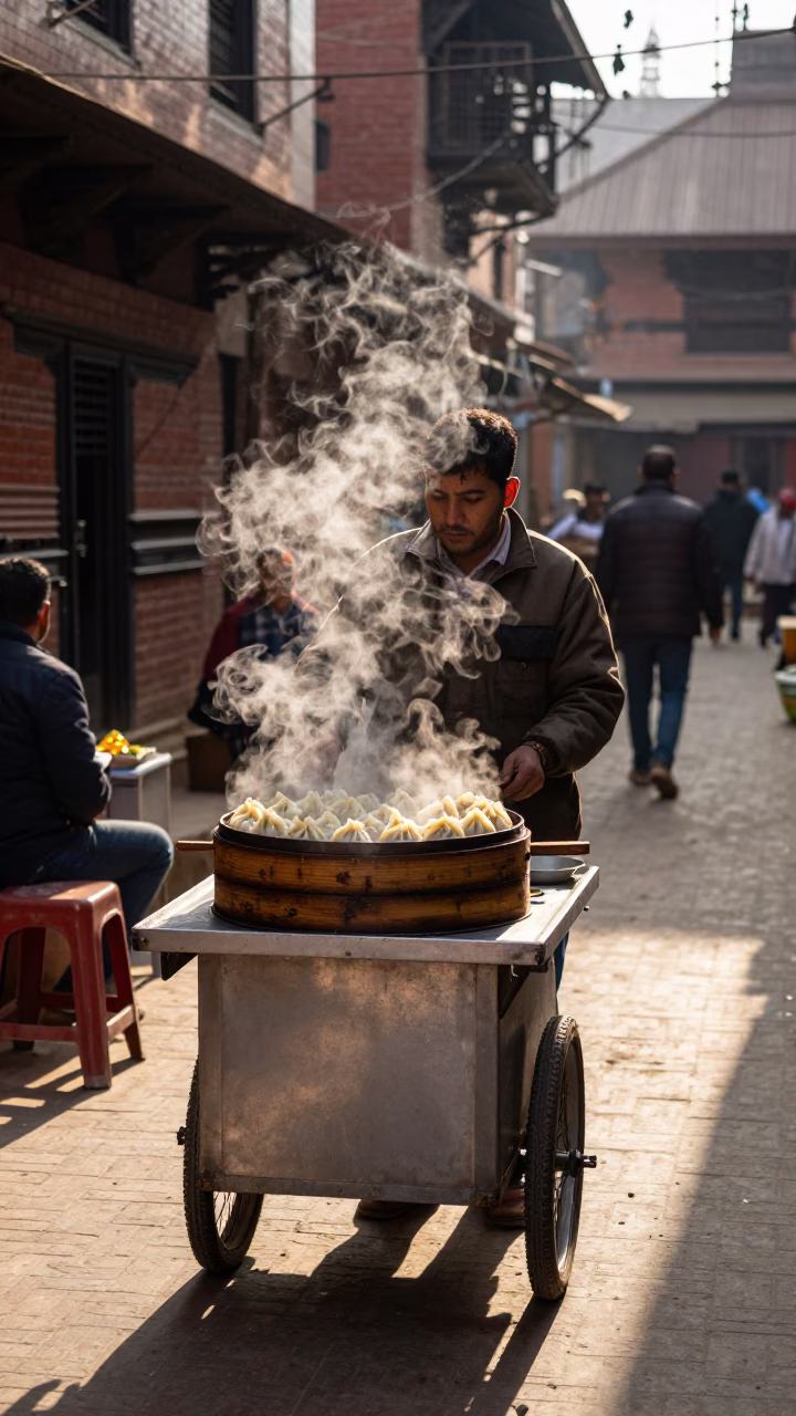 Street Vendor Serving Hot Momos with Steam in Late Afternoon Kathmandu Light in in Kathmandu, Nepal