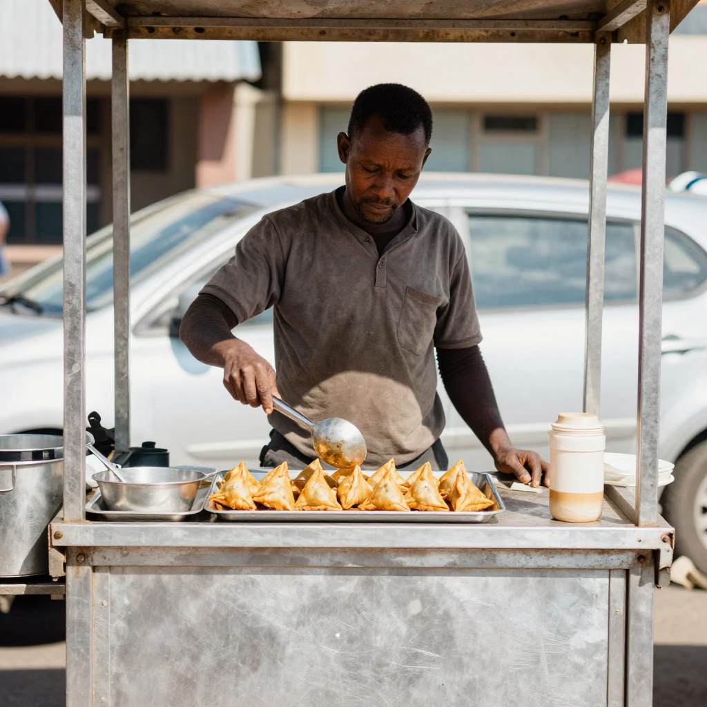 Street Vendor Serving Hot Samosas Under Noon Sun in Durban South Africa in in Durban, South Africa