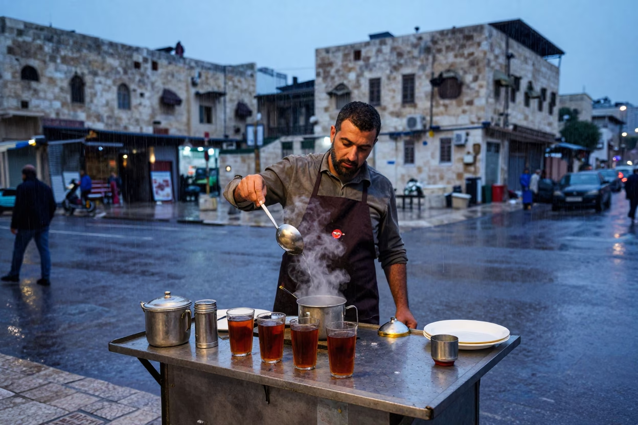Street Vendor Serving Hot Tea Amidst Light Rain in Dusk Amman Jordan in in Amman, Jordan