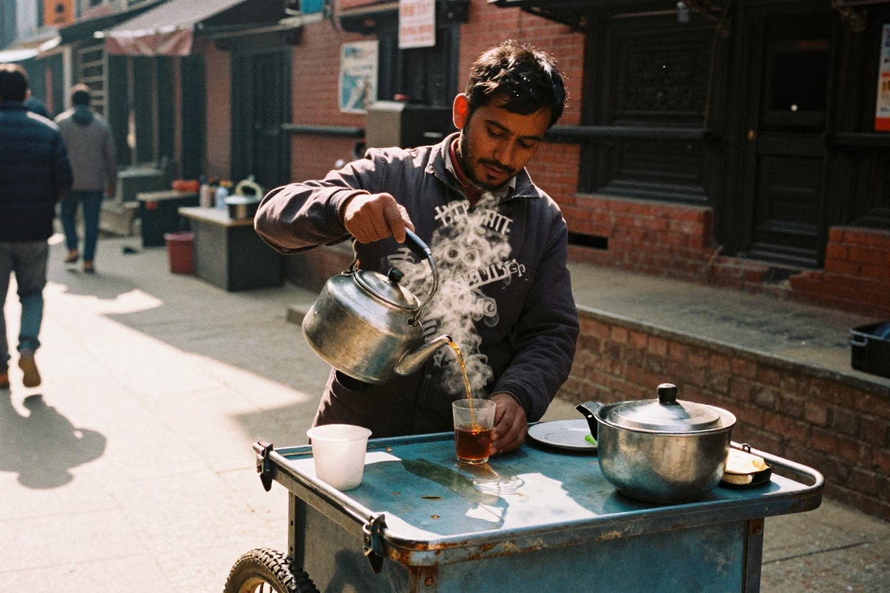 Street Vendor Serving Hot Tea in Kathmandu Early Afternoon Sunlight in in Kathmandu, Nepal