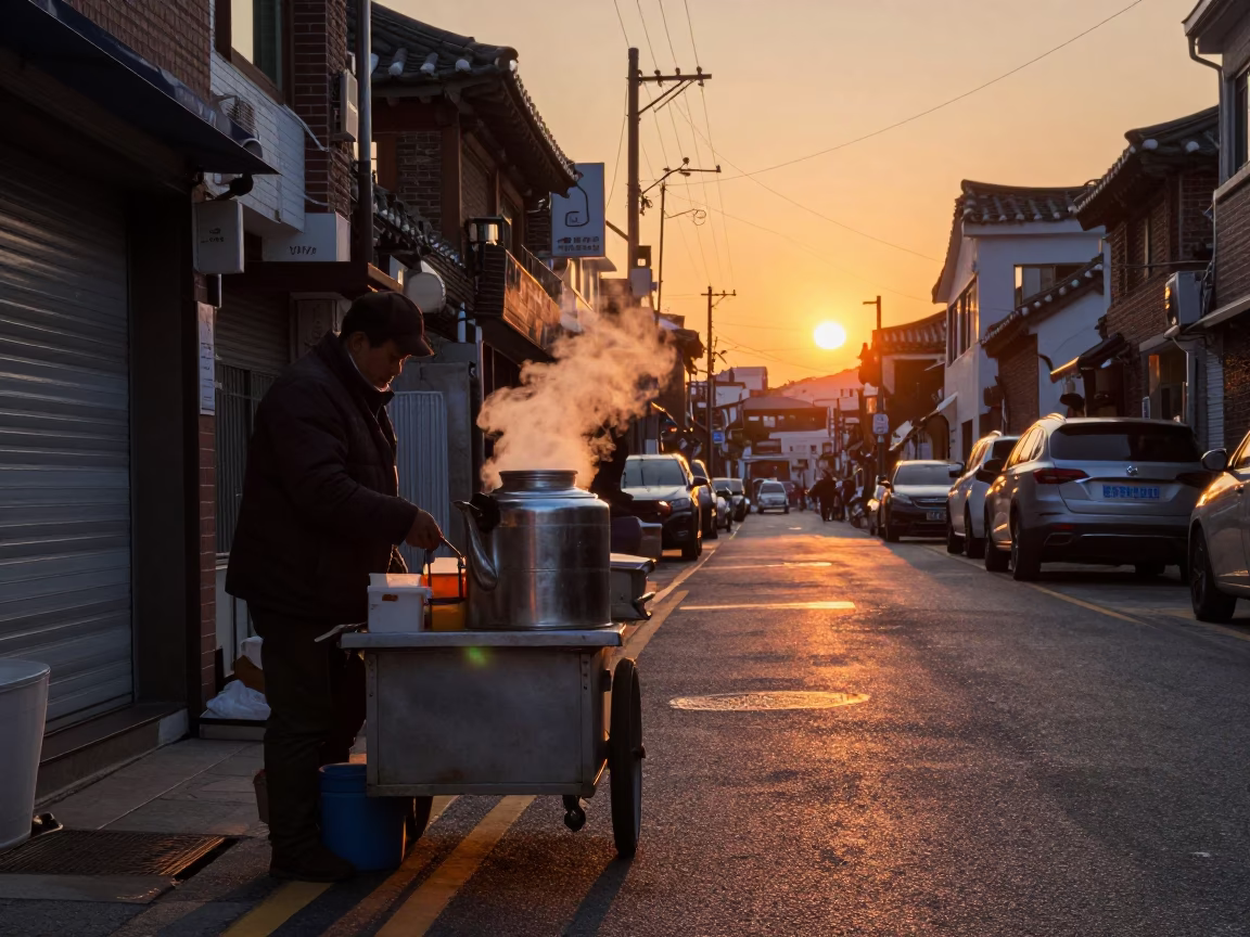 Street Vendor Serving Hot Tea in Seoul Korea During Sunset Golden Hour in in Seoul, South Korea