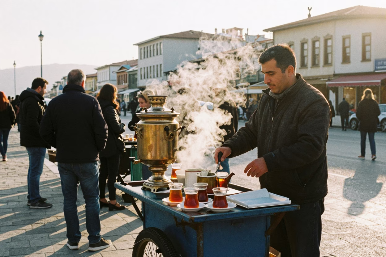 Street Vendor Serving Hot Tea Near Kordon Promenade Izmir Turkey Sunrise in in Izmir, Turkey