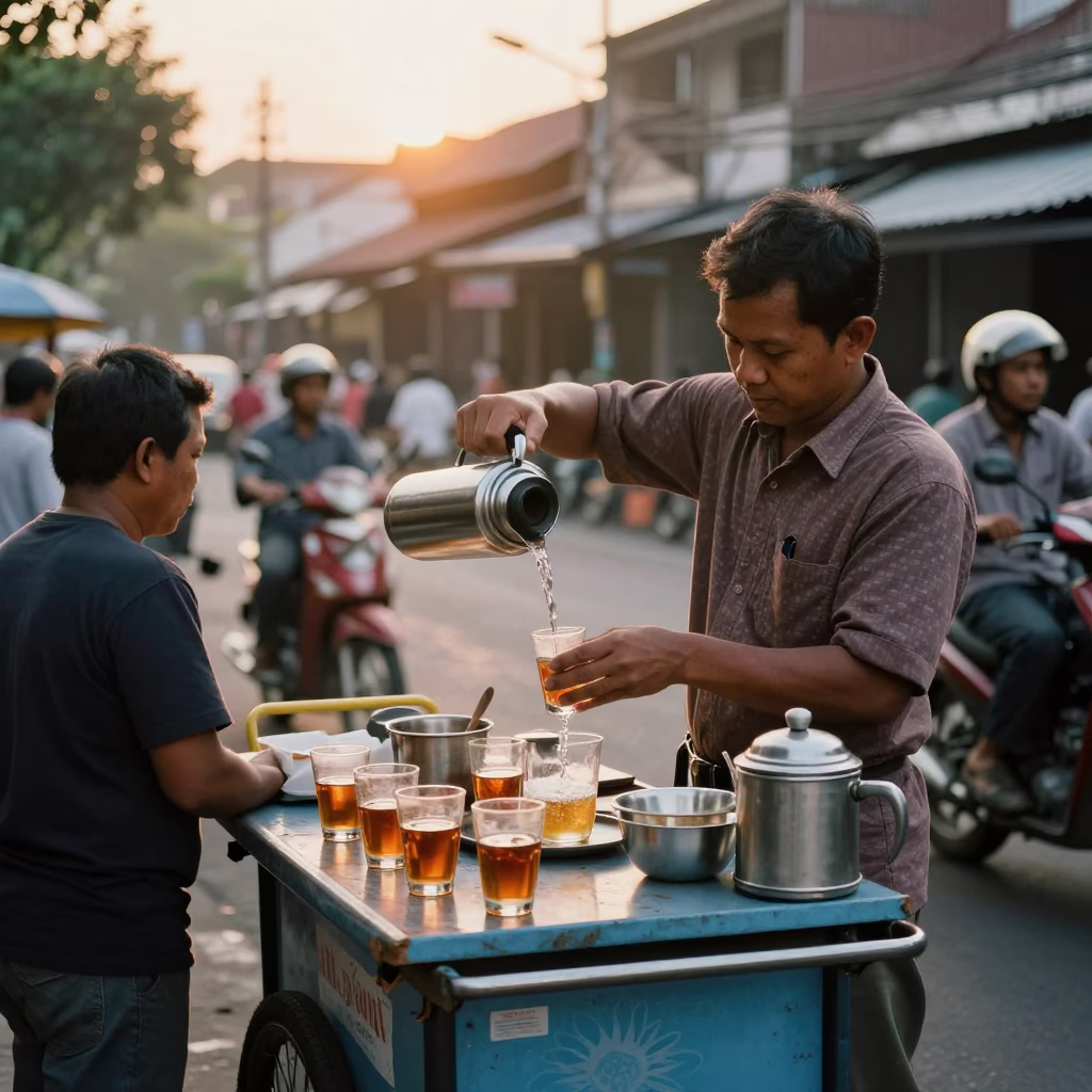 Street Vendor Serving Hot Tea to Commuters in Yogyakarta Golden Hour in in Yogyakarta, Indonesia