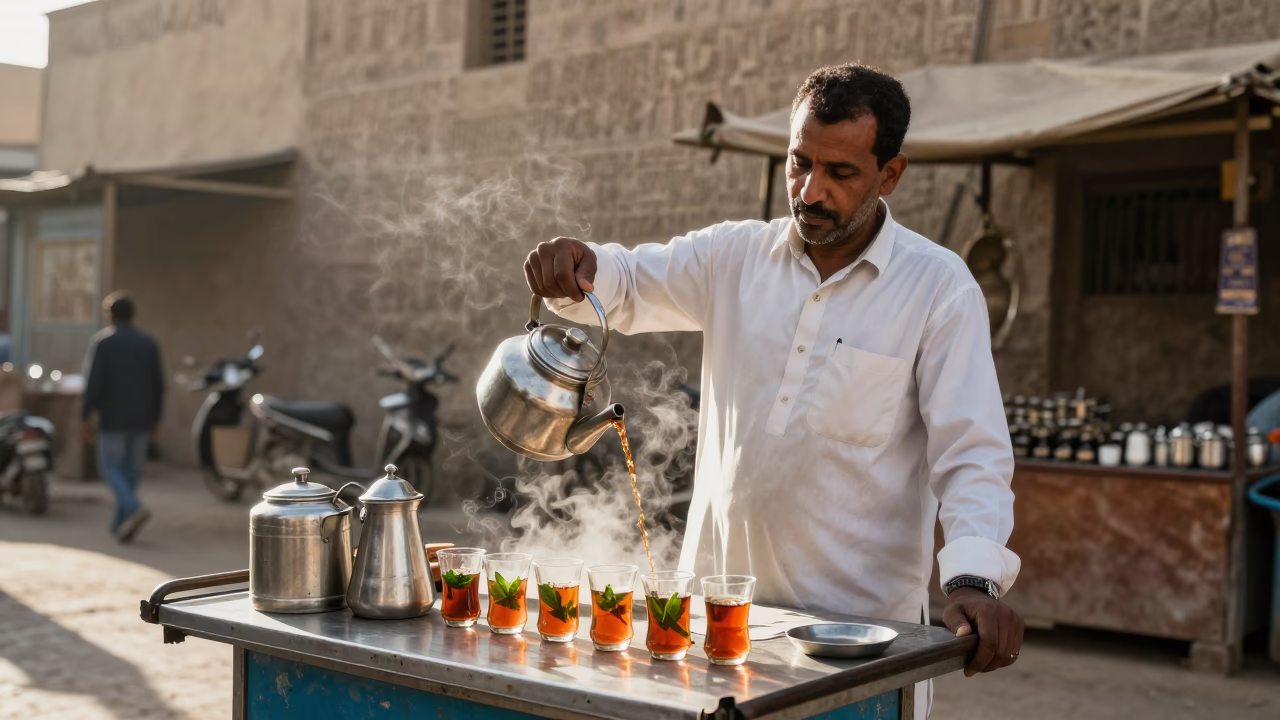 Street Vendor Serving Hot Tea with Kettles in Luxor Egypt Afternoon in in Luxor, Egypt